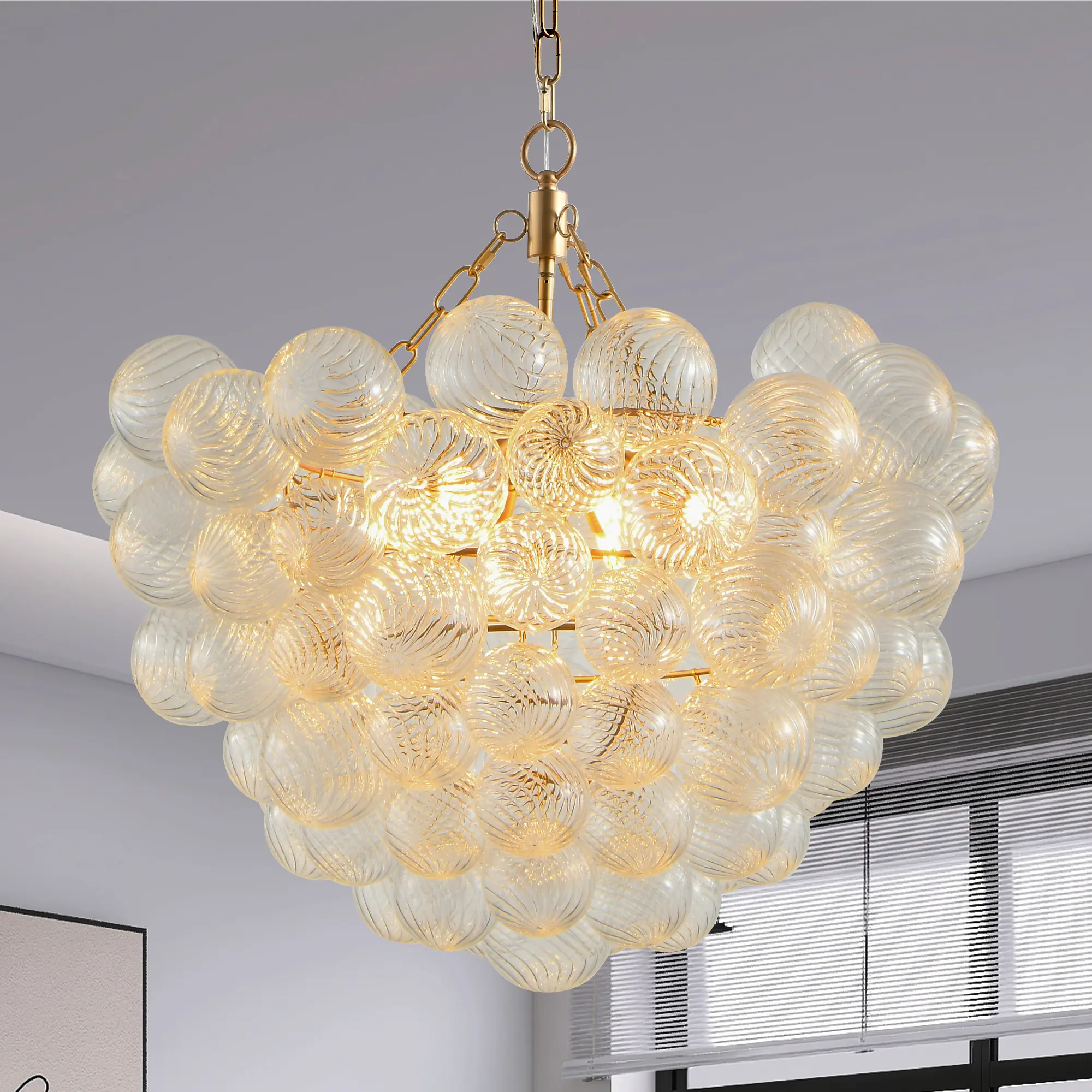 6-Head Modern Luxury Crystal Glass Ball Chandelier with Iron Base, G9 Base, 110V-120V, Adjustable Height - Elegant Silhouette, Warm Amber Glow, Balanced Diffused Lighting for Dining Room, Living Room