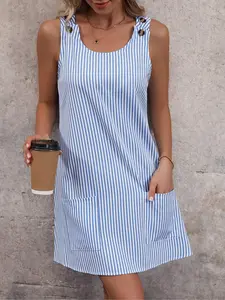Striped Print Vest Dress with Button Details, Dual Pocket Design, Casual Fashion for Women, Perfect for Daily Wear &