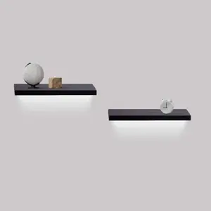 2 Set 15.75'' Black Built-in LED Lighting Floating Shelves Wall Mounted Wood Shelves With Invisible Brackets for Bathroom Bedroom Living Room Staircase Kitchen Hanging Shelf for Books Storage Decor Maple Lightweight MDF