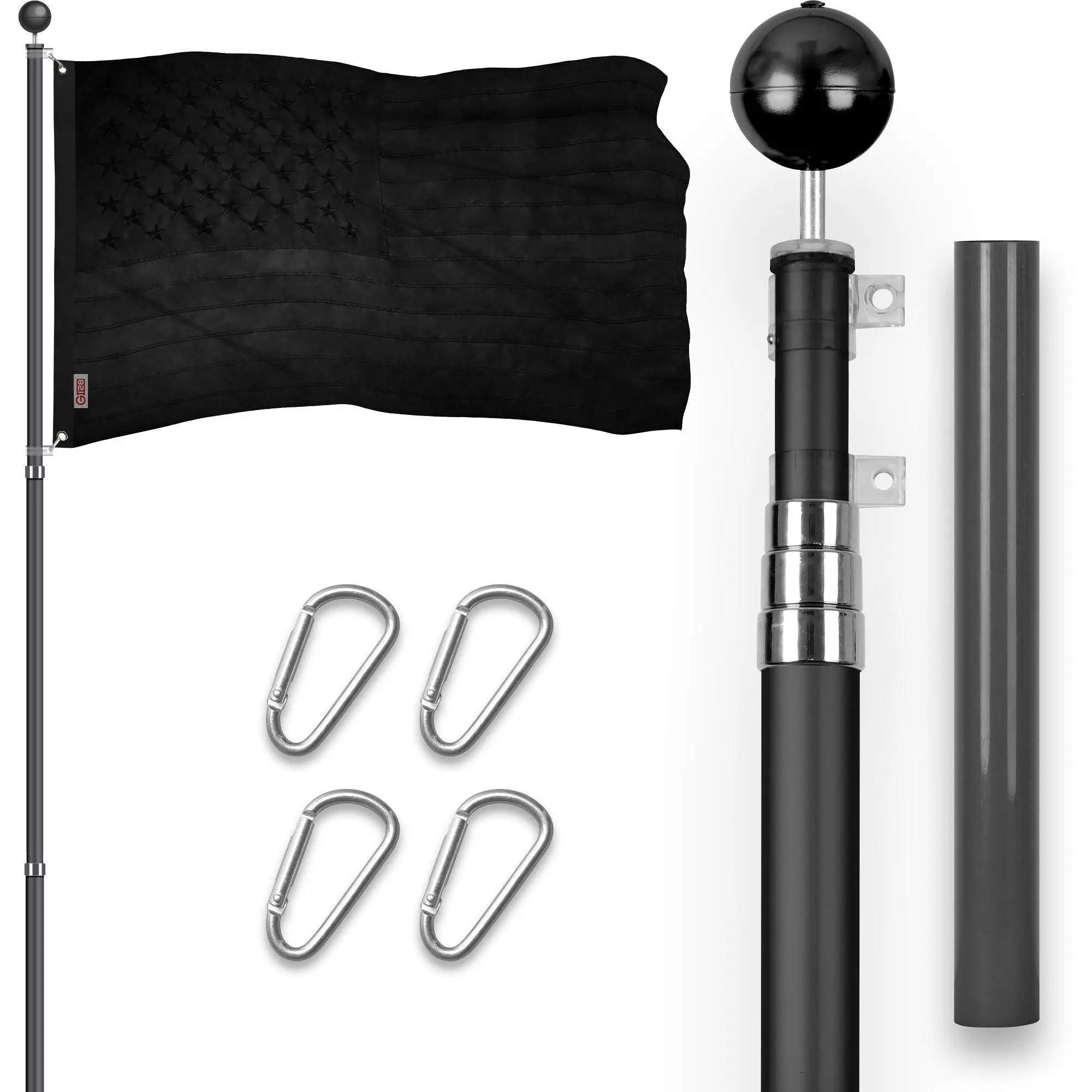 G128 Combo Pack: 16 Ft Telescoping Aluminum Flagpole (Black) & American USA All Black Flag 3x5 Ft, ToughWeave Series Embroidered 210D Polyester | Pole with Flag Included