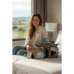 The Dakota | Hand Tooled Leather and Cowhide Large Travel Set