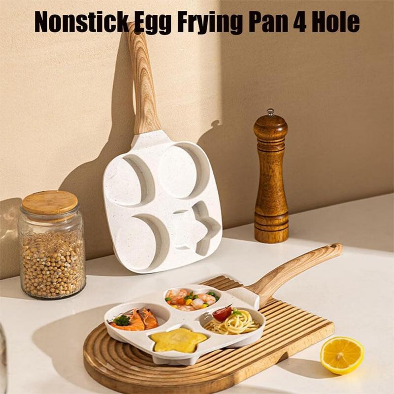 Non-stick Hole Design Egg Frying Pan, 4 Hole Skillet with Handle, Small Egg Fry Pan 4-in-1 Divided Grill Pan, Wooden Handle Stone Omelet Non-stick Cookware, Breakfast Pancake Pan, Kitchen Gadgets for Gas and Induction Cooktops gas stove