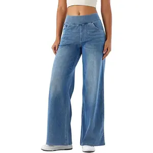 Women’s stretch tummy-control retro wide-leg high-waisted loose casual denim pants with pockets for streetwear comfort