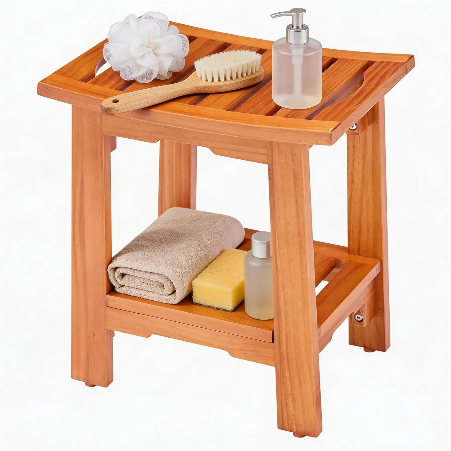 18" Wooden Waterproof Shower Bench, 300 LBS Capacity Non‑Slip Bathroom Stool with Storage Shelf, Showering Seat for Seniors, Adults & Disabled Elderly, Ideal for Inside Shower & Leg Shaving