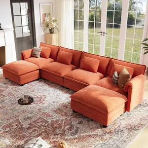 ABCASA 150" Modular Sectional Sofa, Comfy Cloud Couch, L & U Shaped Deep Seat Sofa Couches for Living Room, 6-Seat Modern Sofa with Throw Pillows & Movable Ottoman, DIY Combination, Chenille