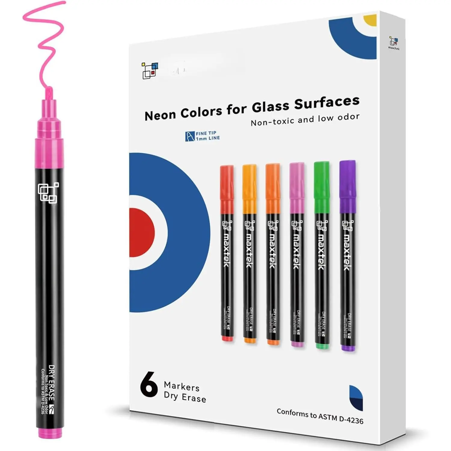 Dry Erase Markers, Fine Tip Glass Whiteboard Markers, Neon Colors, 6 Count White Board Dry Erase Pens