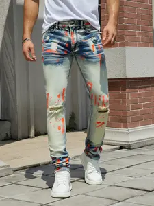Men's stretch pants, full strip hand printed, ripped, fashion wash-RSM-MALCOLMJEAN-ORNG