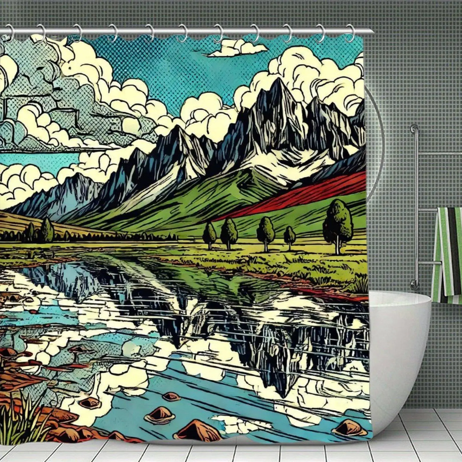Stainless Steel Rod-Compatible Comic-Style Mountain Lake Valley Nature Scenery Decorative Shower Curtain, Bathroom Home Supply