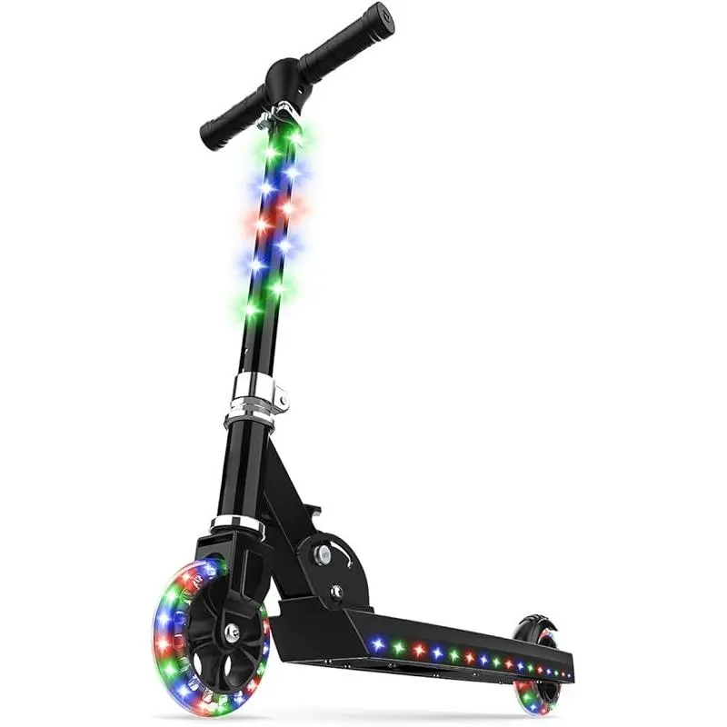 Kids 2-Wheel Light-Up Kick Scooter, LED Lights on Handlebar, Stem, Wheels & Deck, Adjustable Handlebar, Rear Brake, Easy-Folding Mechanism, Ages 5+