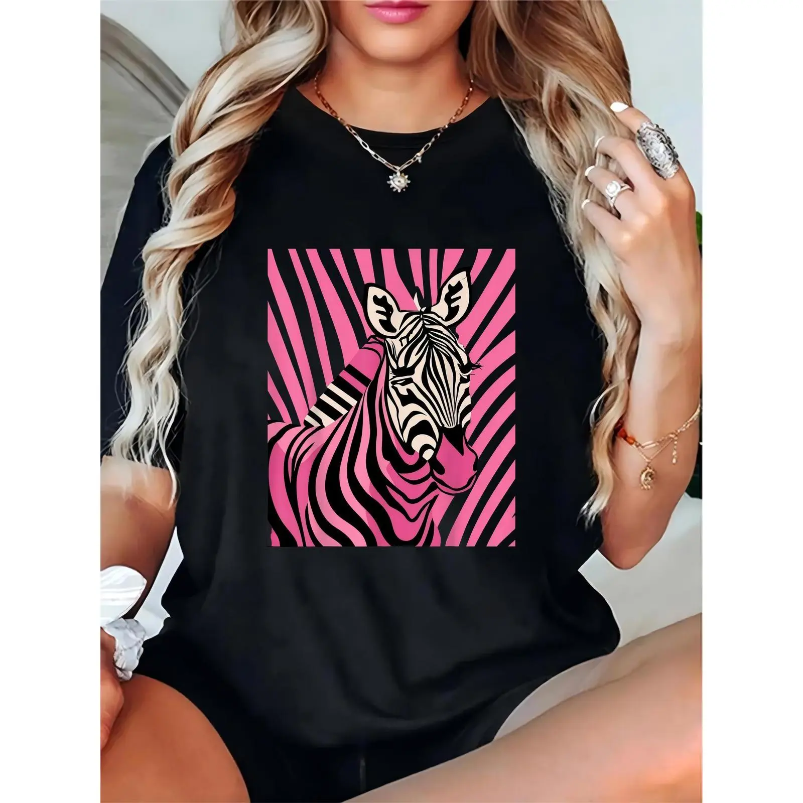 Women's 100% Cotton Crew Neck Short-Sleeve Casual T-Shirt - Black, Pink Zebra Graphic, Striped Background, Breathable, Lightweight, Comfortable Fit for Daily, Party Clothes, Top, Tshirt, Zebra Print, Pure Cotton, Skirts, T-Shirt Top