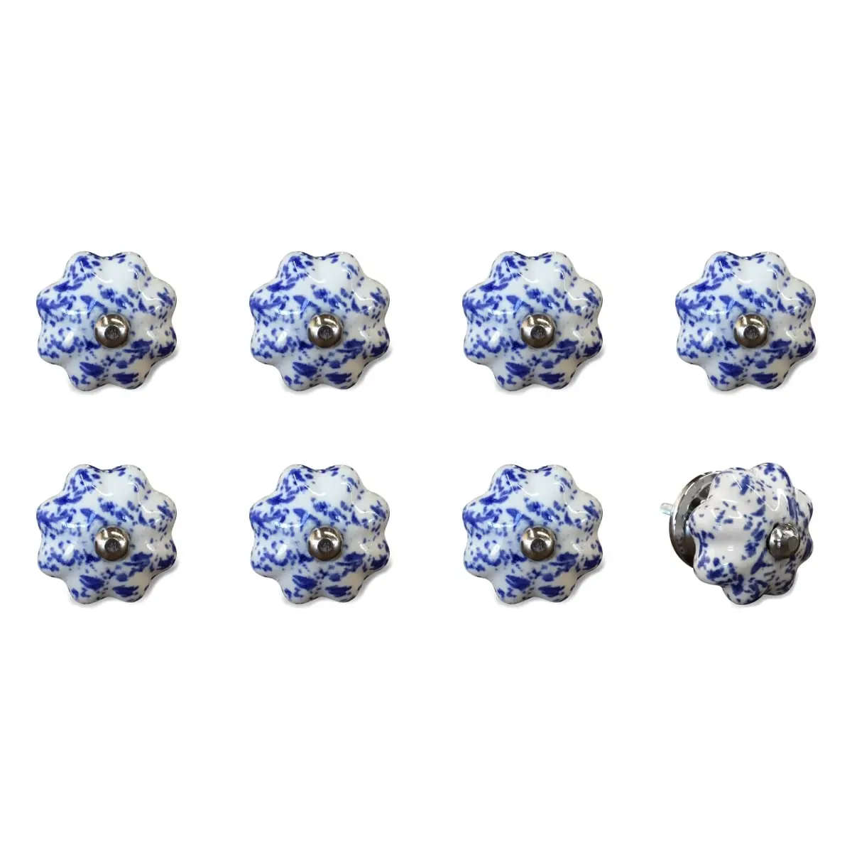 212 MAIN Artisan-Made Hand-Painted Traditional Home Decor Blue & White Ceramic & Metal Drawer Pull Knobs - Set of 8, 1.5X1.5 In