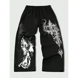 Gothic Angel & Cross Print Joggers, Street Style, Comfortable Fabric, Unisex Fashion, Spring & Fall Casual Wear