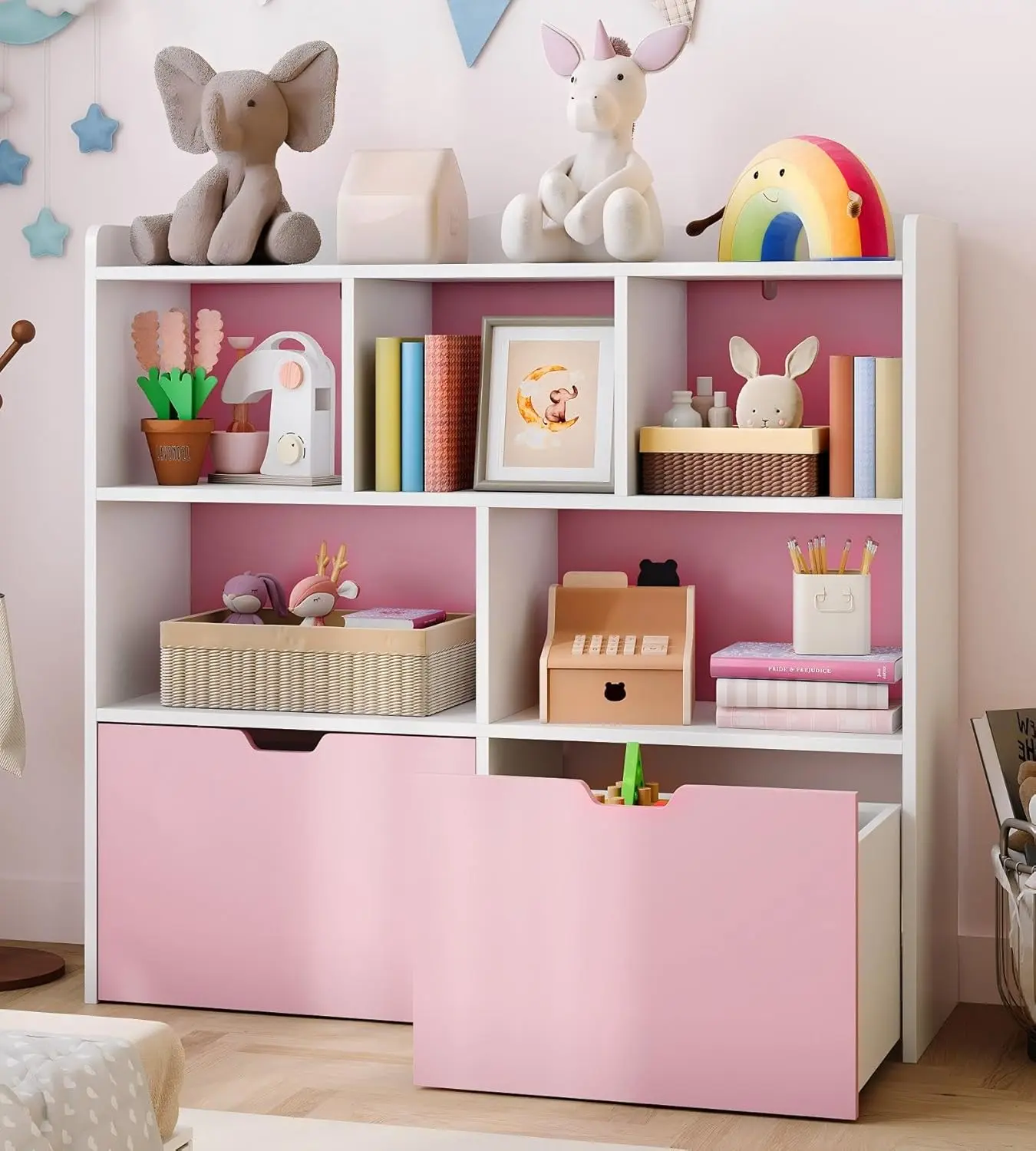 Toy Storage Organizer with Movable Drawers, Kids Bookshelf with Hidden Wheels and 5 Open Cubbies, Multifunctional Floor Storage Chest for Playroom,pink