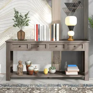 Console Table with 4 Drawers,Classic Retro Style Long Sofa Table with Bottom Shelf for Storage, Wooden Narrow Entryway Table,Behind Couch Table for Living Room,Entryway,Foyer,Grey Wash