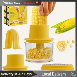4-in-1 Corn Sheller, Corn Peeler, Corn Peeler and Sheller, Built-in Cup Grater, Corn Kernel Cutter, Ginger Grater with Bowl and Safety Handle, Kitchen Utensil, Yellow