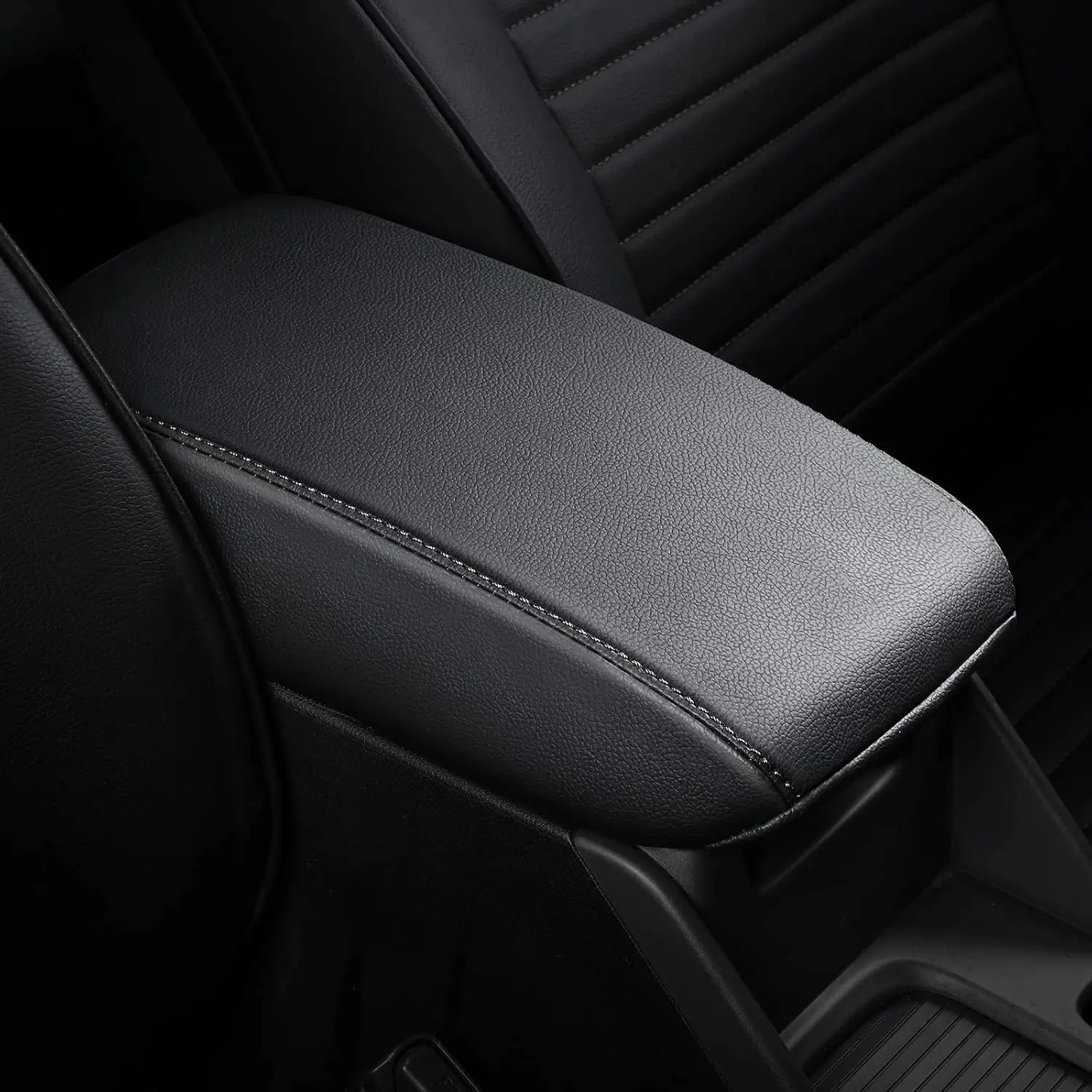 Custom Fit PU Leather Console Cover for Toyota Highlander 2008-2014, Litchi Pattern, Black with Black Stitches, Elastic Straps, Scratch-Proof Car Interior Decoration Accessory