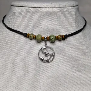 Triple Mushroom Moon Charm Ceramic Beaded Boho Hippie Whimsical Adjustable Black Rope Cord Choker Stacking Necklace
