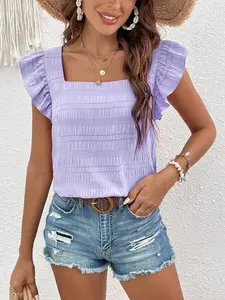 SHEIN VCAY Solid Ruffle Trim Bubble Texture Blouse Summer Women Beach Square Neck Summer Red Top