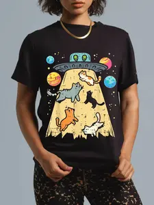 100% Cotton Alien Abduction Cats UFO Flying Saucer Space  T-Shirt