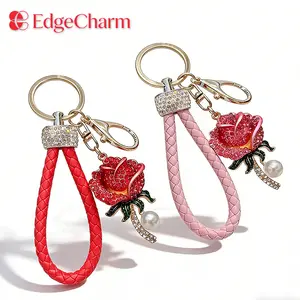 Fashion Rhinestone Rose Alloy Keychain for Women, Luxury Bling Flower Car Key Ring with Braided Leather Strap, Creative Bag Charm Accessory