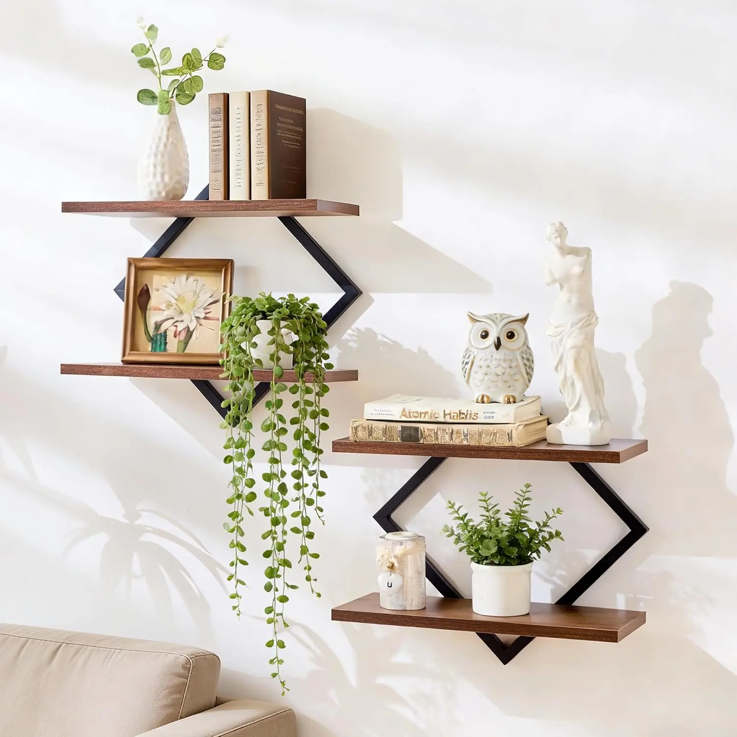 Double Layer Geometric Diamond Wall Floating Shelf Decorative Industrial Hanging Metal Wire Wooden Display Rack, Minimalist Style Wall Floating Shelf, Artistic Style, Suitable for Living Room, Bedroom, Kitchen, Office, Study, Rustic Brown
