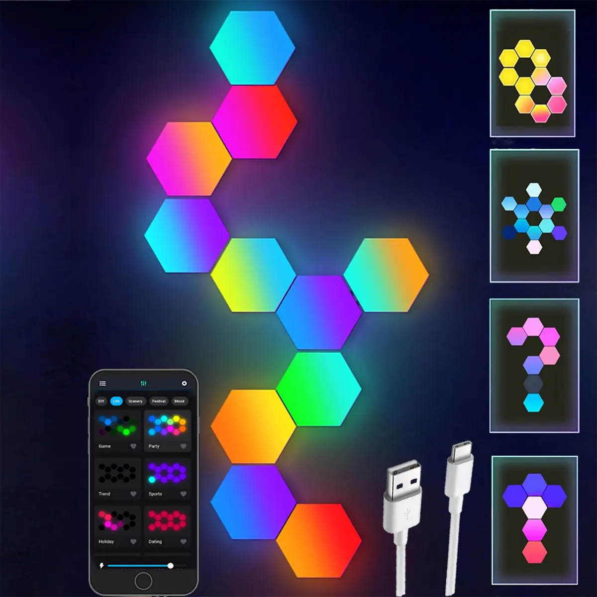 HEDCINLT Smart Hexagon Plastic LED Wall Panels (Honeycomb Wall Lights) Kit, DIY App & Remote Controlled, Music Sync USB Type-C, Adjustable RGBIC Multicolor Novelty Lighting for Living Room, Gaming Room Decor