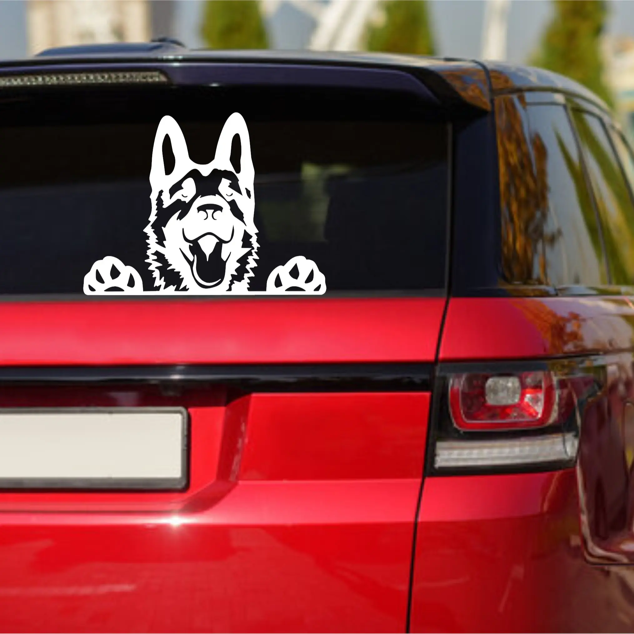 Happy dog German Shepherd vinyl window sticker for any car, truck, or SUV