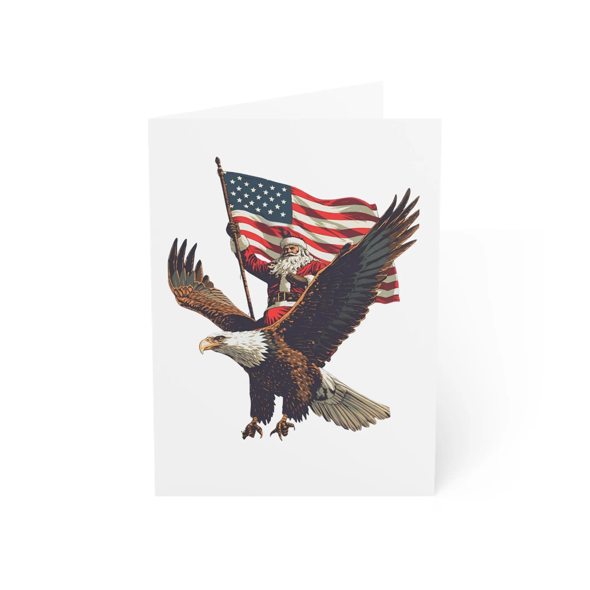 Patriotic Santa Christmas Card Santa Riding Bald Eagle with American Flag for Military Families Veterans & First Responders