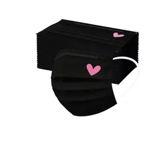 50pcs Cute Disposable Face Masks, Pink And Black Masks with Hearts Printed, 3-Ply Full Face Protection for Women Teen Girls