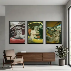 Cool Cats Selfies in Vintage Cars Canvas Print Series - Quirky Pet Humour Wall Poster - Available in Black Wood Frame,  Canvas, or Unframe Poster
