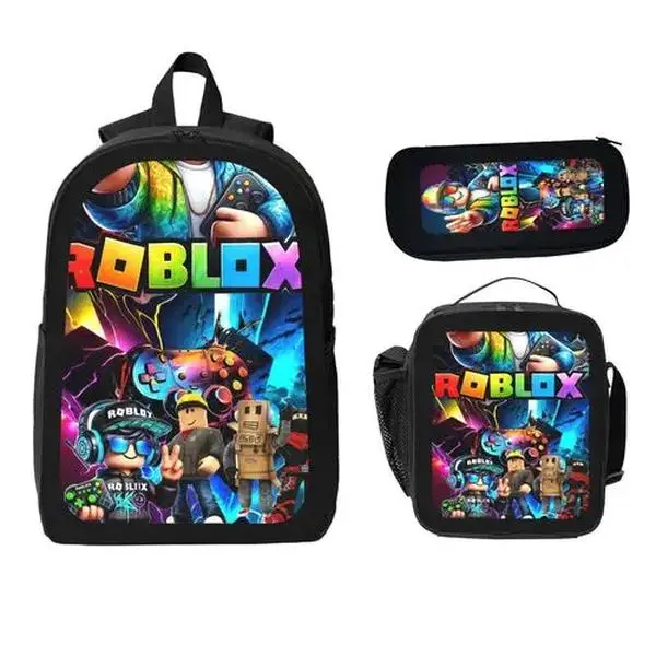 Roblox Themed 1/3-Piece Backpack Set, Colorful Game Characters & Controller Print School Bag + Lunch Bag + Pencil Case, Oxford Cloth Adjustable Strap Daypack for Kids & Gamers