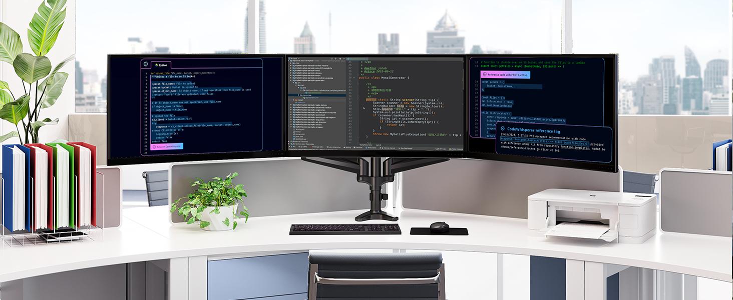 HUANUO Triple Monitor Mount for 17'' to 32'' Screens, Gas Springs Adjustment Triple Monitor Stand with Swivel, Tilt, Rotation, Clamp & Grommet#TikTokShopBlackFriday