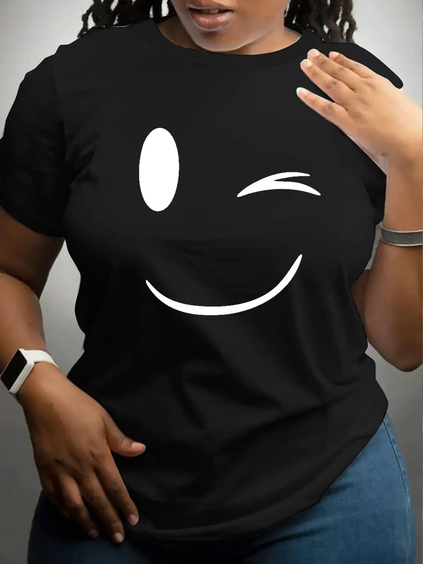 Women's Casual Streetwear Short Sleeve T-Shirt, Cute Emoji Print Round Neck, Slim-Fitting Medium Length, All Seasons Everyday Fashion Top, Summer, Casual Everyday Tee