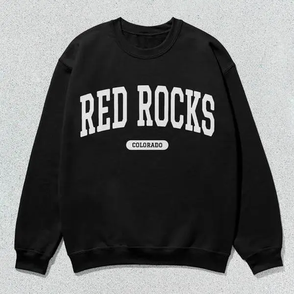 Menswear Unisex-Fit Red Rocks Colorado Slogan Print Collegiate Crewneck Sweatshirt - M Size, All Seasons Casual Long Sleeve Pullover Top