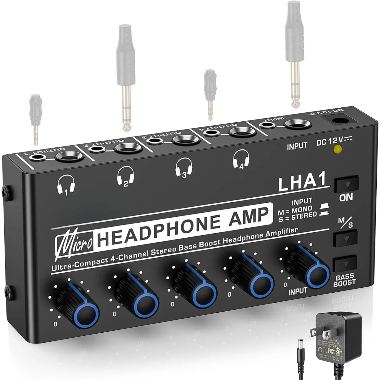 Headphone Amplifier 4 , Metal Stereo Audio Amplifier with Bass Boost, Mini Earphone Splitter with Power Adapter, 1/4" & 1/8" TRS Headphones Output & TRS Audio Input, DC 12V