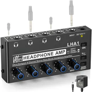 Headphone Amplifier 4 , Metal Stereo Audio Amplifier with Bass Boost, Mini Earphone Splitter with Power Adapter, 1/4" & 1/8" TRS Headphones Output & TRS Audio Input, DC 12V