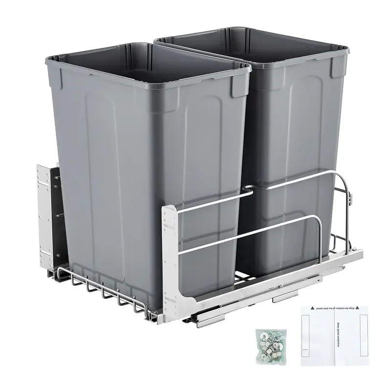 【Fallpicks】VEVOR Under-Mount Double Pull-Out Cabinet Trash Storage Can Organizer, 70 QT Total (2x35 QT) Heavy-Duty Bins, Smooth Soft-Close Slides, Door-Pull Access, Door Kit, Easy Installation, Wear-Resistant Frame, Grey Home Organizer