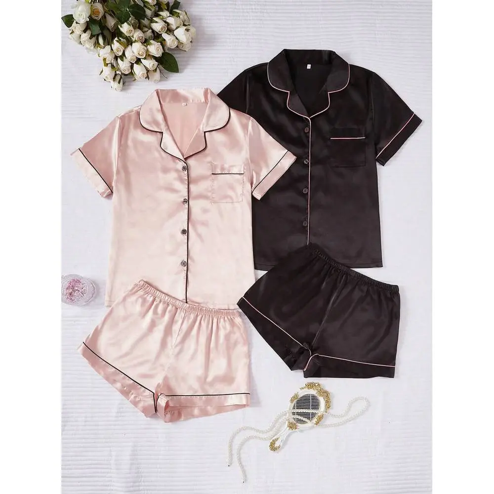 4pcs/Set Faux Silk Lapel Cardigan & Shorts Pajama Set