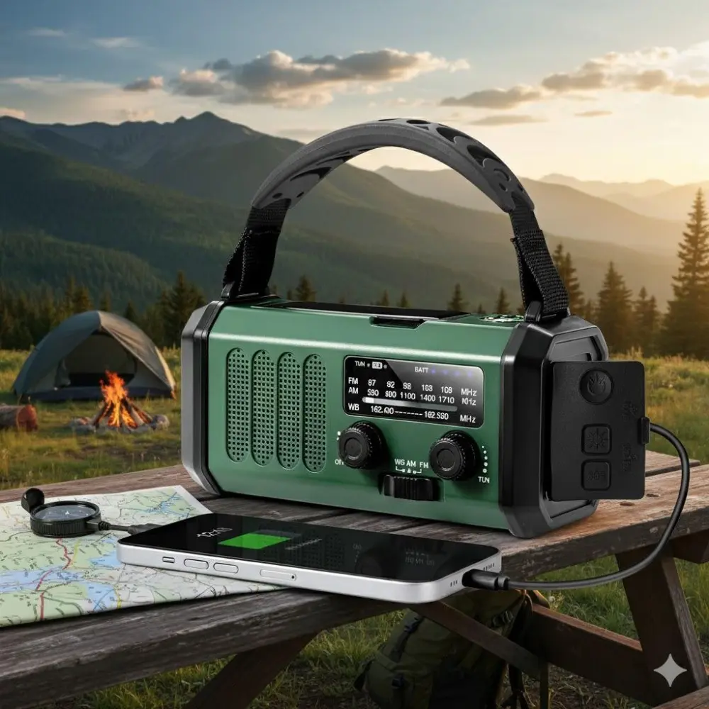 Emergency Survival Radio: 10000mAh Power Bank, Solar & Hand Crank Charging, USB-C Fast Charge, AM/FM, LED Flashlight & SOS, for Outdoor Camping, Hiking, Home Disaster Preparedness & Safety.