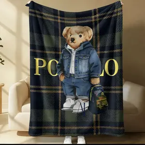 Grid pattern teddy bear printed blanket, suitable for all seasons, suitable for beds, sofas, cars, room decorations, and gifts, suitable for children or adults