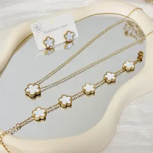 XP Lucky Clover Jewelry Set Stainless Steel Dainty Necklace Bracelet Earrings 3 in 1 Suit Flower Charms Gold Plated Chain Non Tarnish Hypoallergenic Accessories Valentine Gift for Women