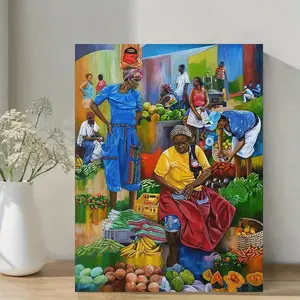 A Vivid African Jamaica Market Oil Painting Poster - Wooden Frame, Colorful Street Scene, Traditional Clothing, Suitable for Living Room and Bedroom Canvas Wall Art, Cultural Decoration, Cultural Home Decor|The Art of Traditional Clothing|Vivid Color Art,