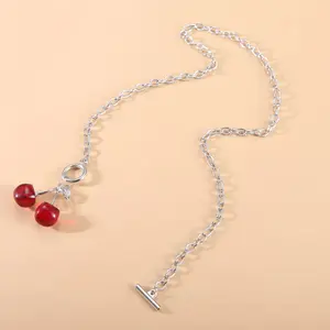 2023 Punk Style Red Black Cherry Pendant Necklace Women Gothic Metal Geometric Choker Necklace Girls Birthday Party Jewelry