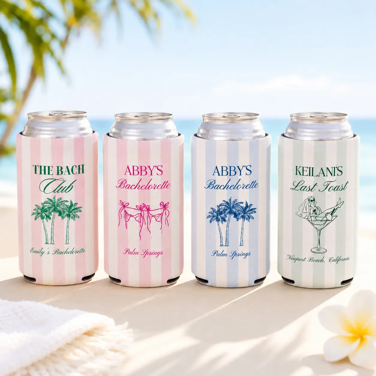 Custom 12oz Slim Can Cooler - Personalized Neoprene Bridesmaids Drink Holder, Preppy Coastal Striped Pastel, All Over Print, Insulated Can Coozie, Slimcano Koozie Drinkware Accessories for Bachelorette Beach Party Favors, All Over Print Drinkware Accessor