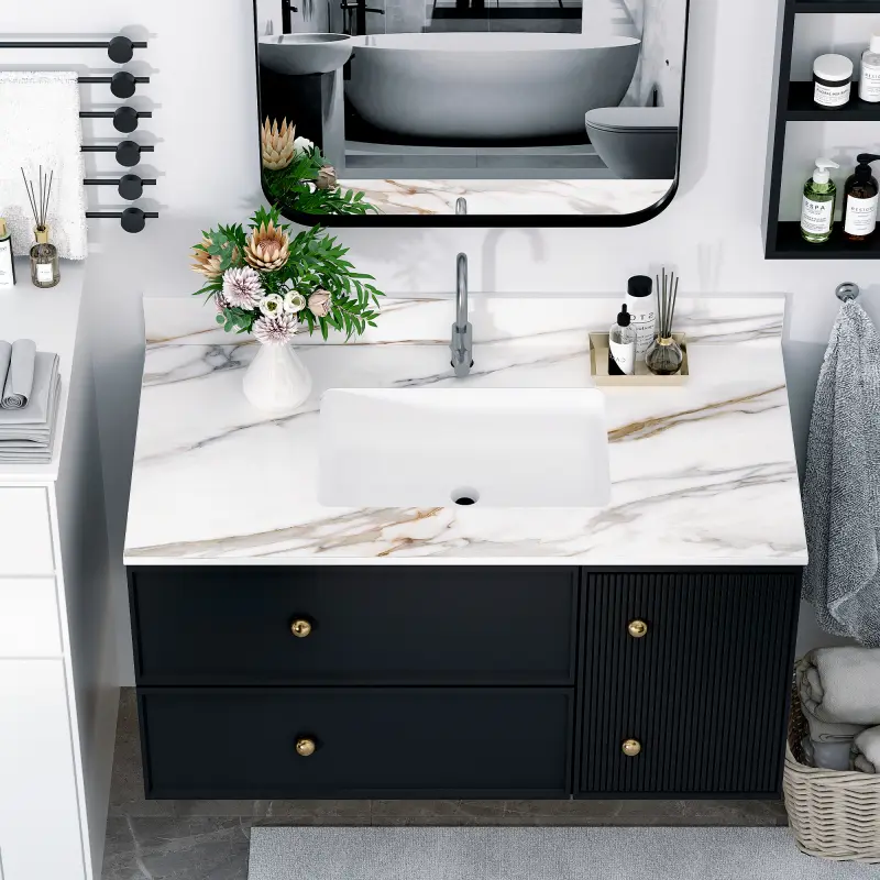 43 Inch Marble Vanity Top, Bathroom Vanity Top with Undermount Rectangular Middle Sink and 4" Height Backsplash, Pre-Drilled  Faucet Hole  Vanity Top, Carrara white with veins