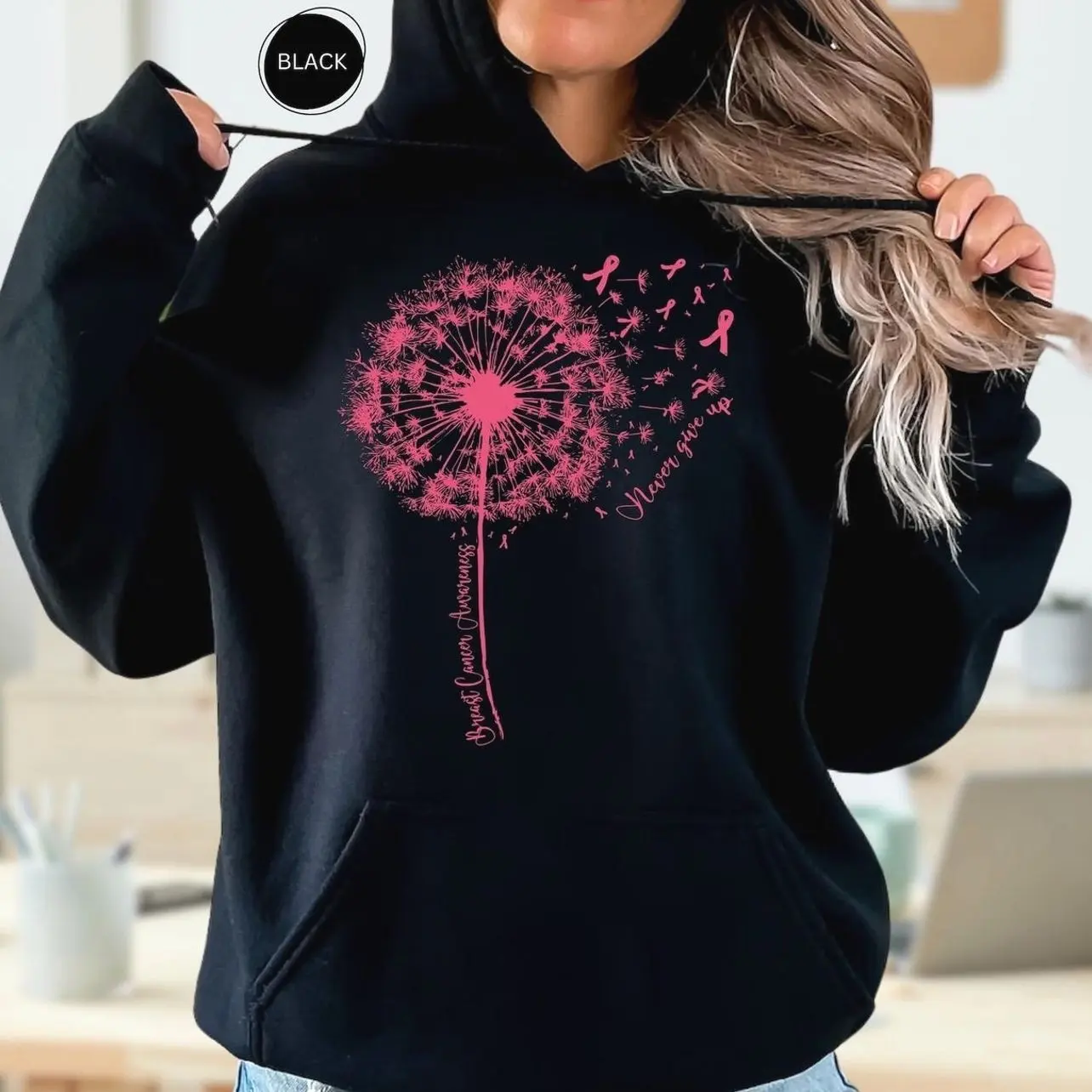 Dandelion Breast Cancer Awareness Hoodie, Never Give Up, Breast Cancer Hoodie, Cancer Support Shirt, Pink Ribbon, Cancer Survivor Gift