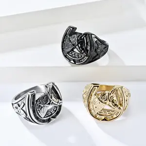 Creative retro horse head and horse hoof titanium steel ring; High-end personalized hand accessory.