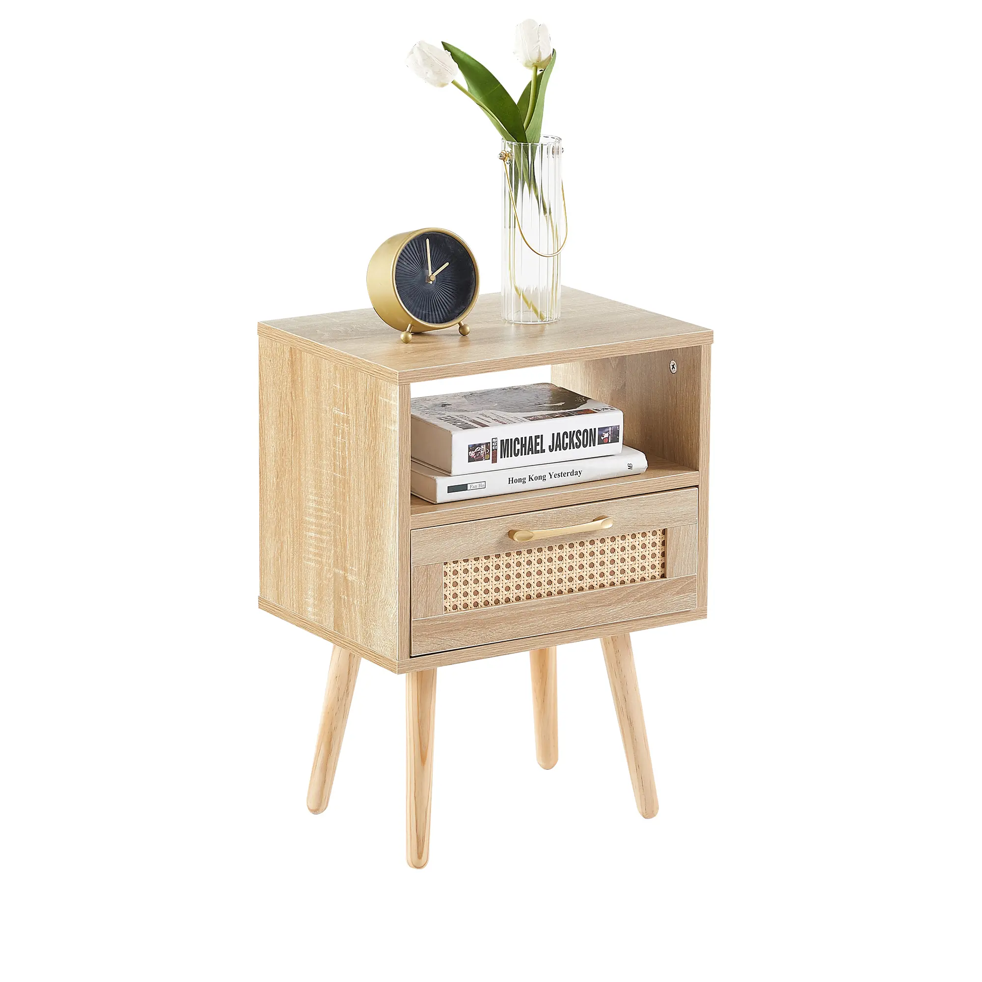 Natural Finish Rattan End Table with Drawer Storage, 15.75in L x 11.81in W x 22.05in H, Sturdy Solid Wood Legs, Glides, Multi-Ply Rattan Weave, Space-Saving, Assembly Required, 120lbs Capacity, Modern Indoor Side Table for Living Room, Bedroom, Easy Setup