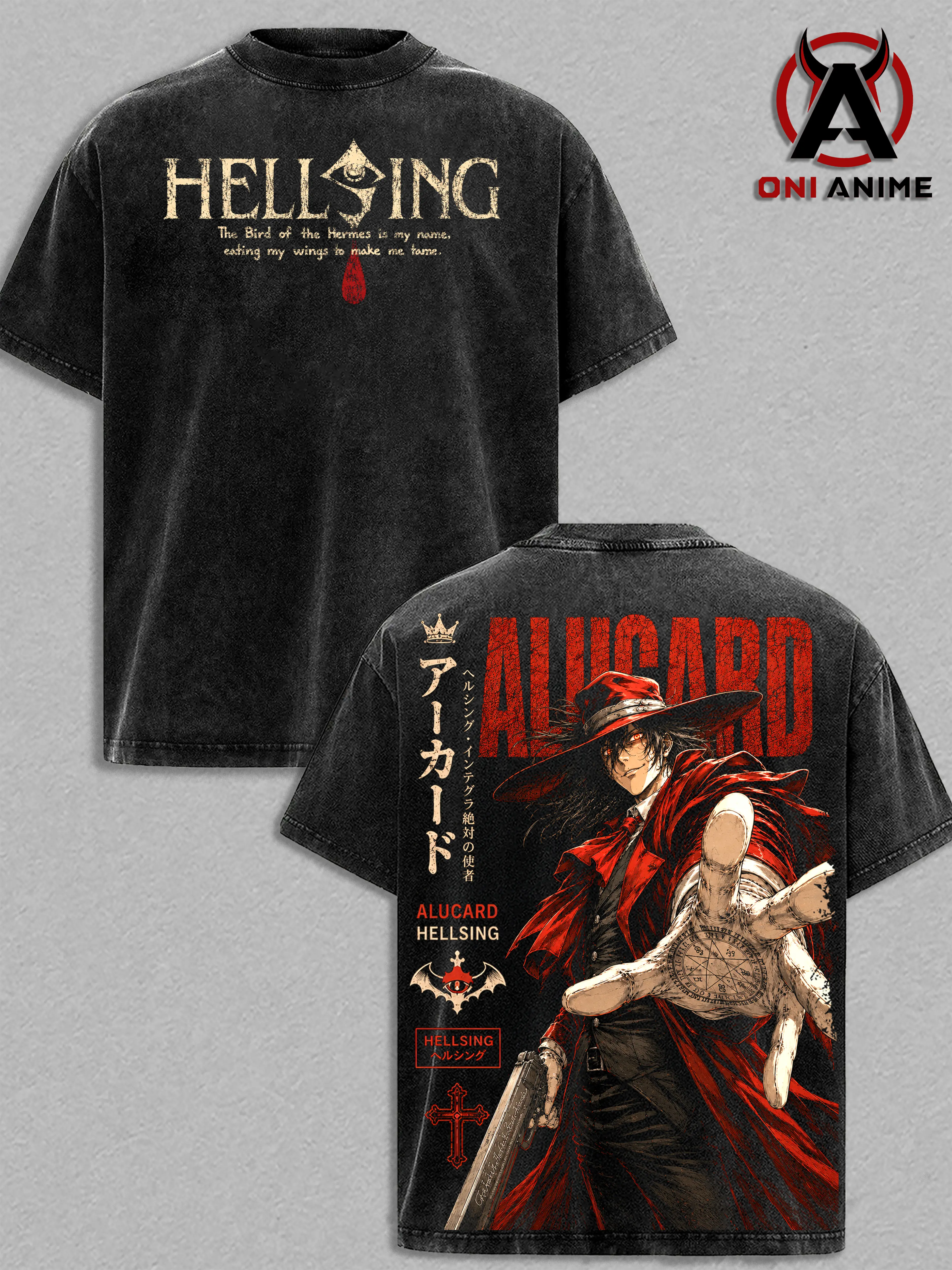 Alucard Hellsing Vintage Washed T-Shirt - Anime Graphic Tee Oversized Streetwear Top Cotton Tshirt Classic Menswear Clothes Apparel Gift for Hellsing Fans Men & Women