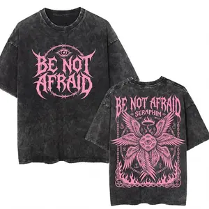 Men's Festive Oversized Round Neck "Be Not Afraid" Seraphim T-Shirt - Biblically Accurate Angel Acid Wash Distressed Vintage Graphic, Short-Sleeve, Edgy Pink, Weirdcore Aesthetic, Gothic T-Shirts, Casual Streetwear Menswear Top Fit